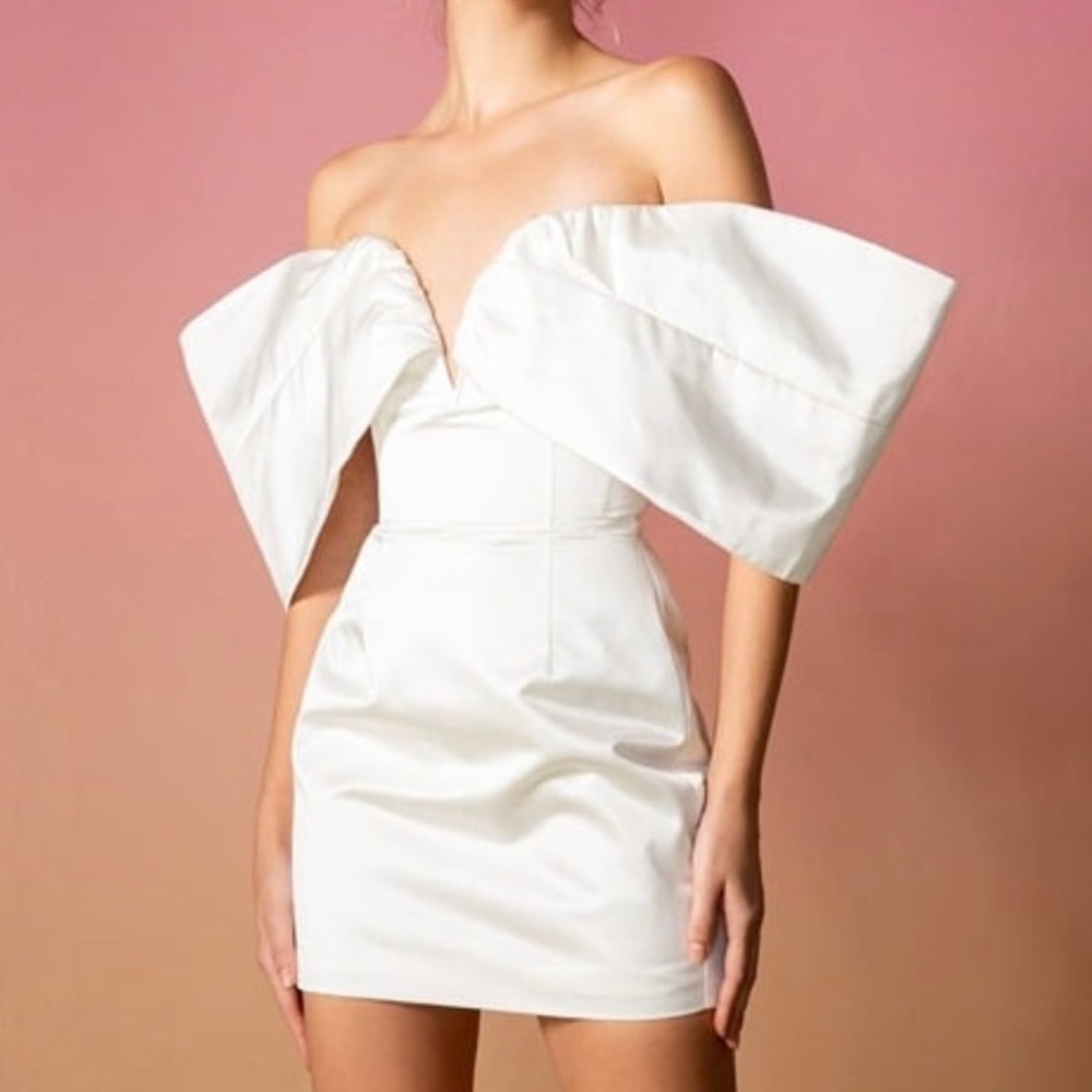 Sau Lee White Bridal Off Shoulder White Satin Blair Mini Dress Boned Size 12